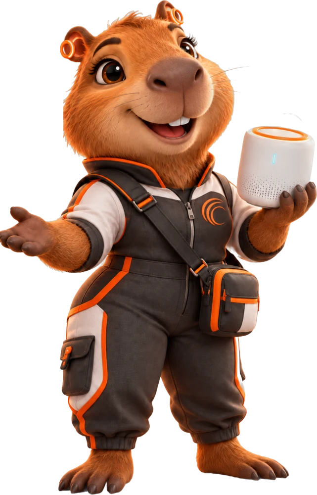 Luma, a mascote da Netforce, apresentando o roteador Wi‑Fi
