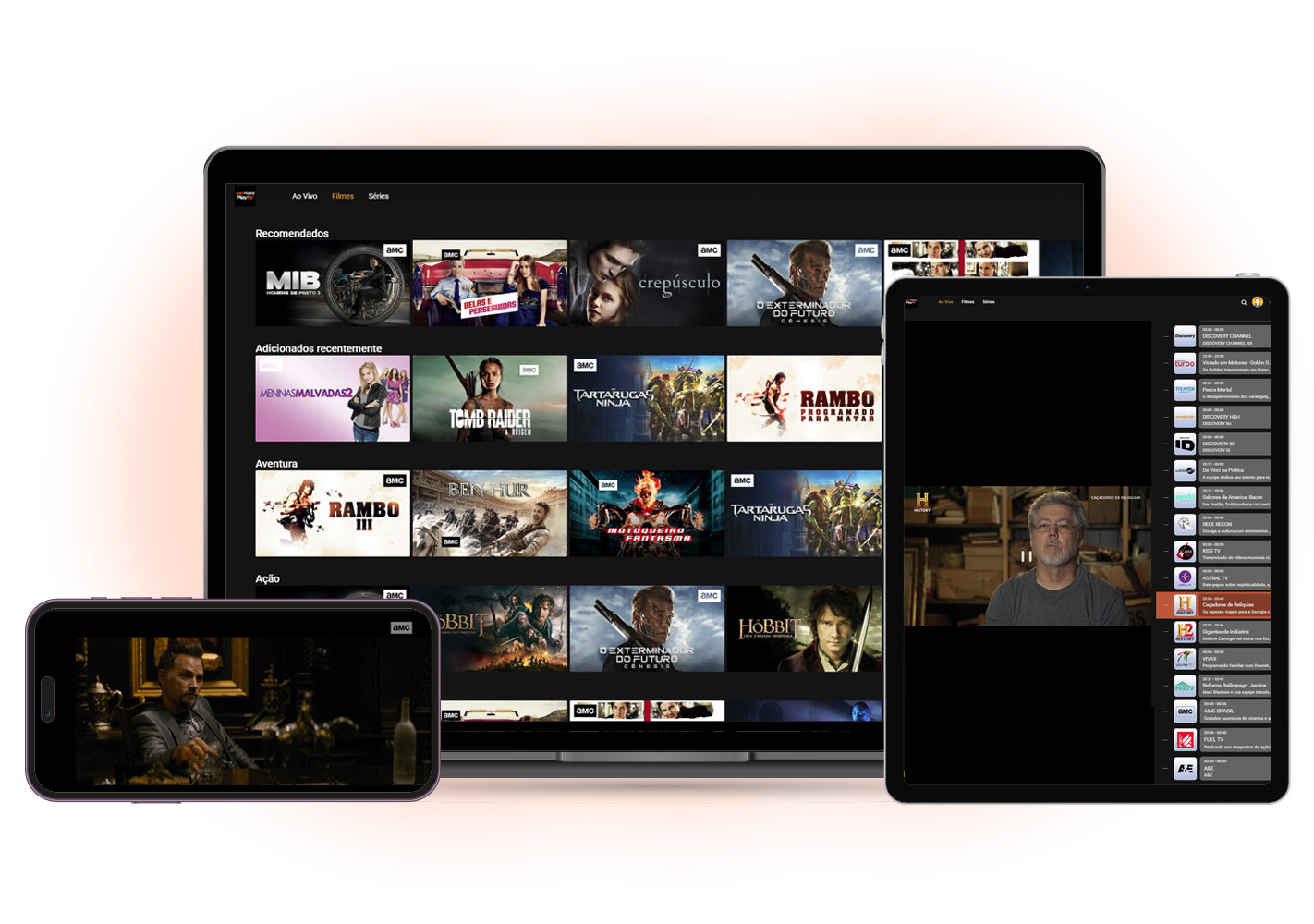 Netforce PlayTV rodando em notebook, tablet e celular